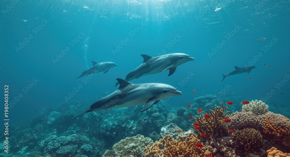 Obraz premium Ocean themed postcard capturing dolphins in turquoise waters around a coral reef with red fish