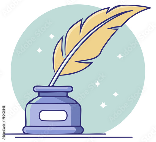 Cartoon illustration of inkwell and quill feather writing design