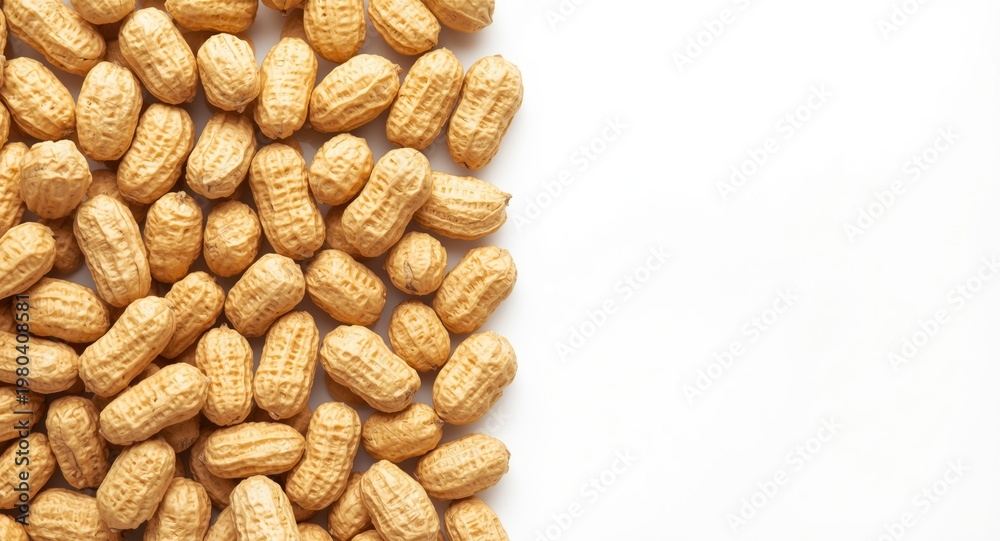 Obraz premium Highly focused close up of peanuts on a white neutral background with copy space
