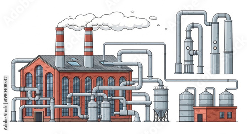 Industrial factory complex with smoke stacks and pipes.