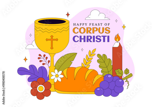 Corpus Christi Vector Illustration Featuring Holy Eucharist Chalice, Bread, Grapes, Cross, And Catholic Religious Feast Celebration Design