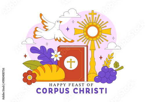 Corpus Christi Vector Illustration Featuring Holy Eucharist Chalice, Bread, Grapes, Cross, And Catholic Religious Feast Celebration Design