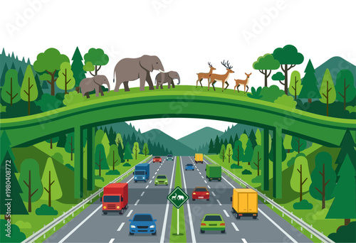 Sustainable green bridge for wildlife, ensuring safe passage for elephants and deer over a busy highway, promoting nature conservation and ecological balance