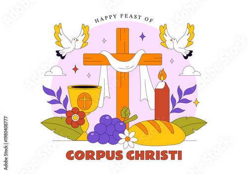 Corpus Christi Vector Illustration Featuring Holy Eucharist Chalice, Bread, Grapes, Cross, And Catholic Religious Feast Celebration Design