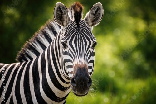 close-up portrait of a zebra with detailed stripes on a vibrant green backdrop