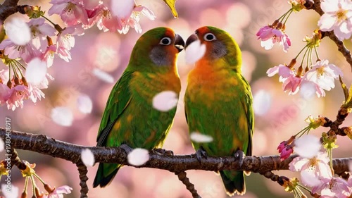 Two vibrant lovebirds sharing a tender moment on a cherry blossom branch with soft pink petals gently drifting in animation.