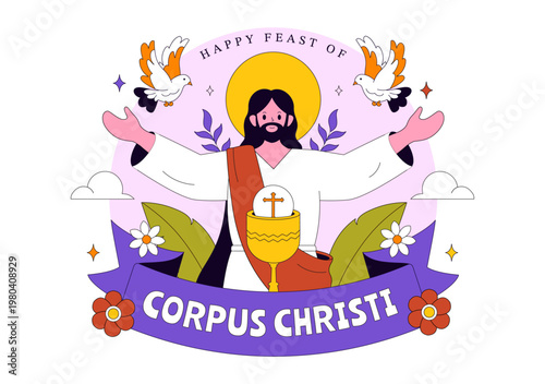 Corpus Christi Vector Illustration Featuring Holy Eucharist Chalice, Bread, Grapes, Cross, And Catholic Religious Feast Celebration Design