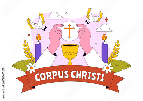 Corpus Christi Vector Illustration Featuring Holy Eucharist Chalice, Bread, Grapes, Cross, And Catholic Religious Feast Celebration Design
