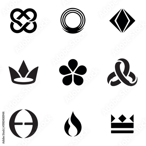 Collection of nine unique black and white geometric and abstract icons