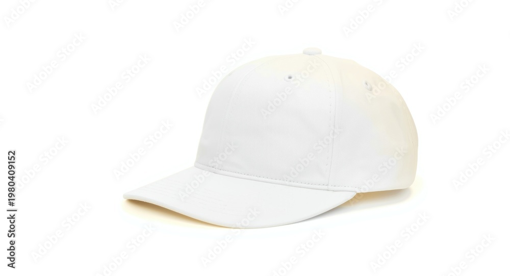 Fototapeta premium White cap photographed with a soft yellow tint on a plain white background