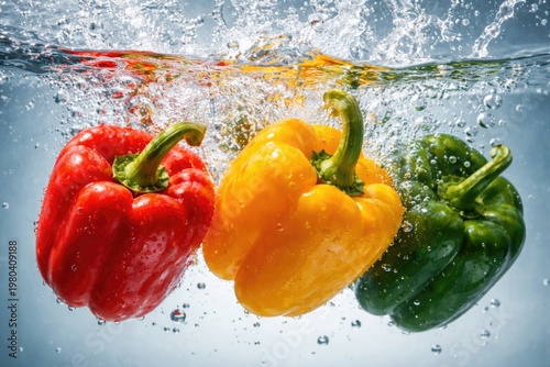 Vibrant bell peppers submerged in clear water