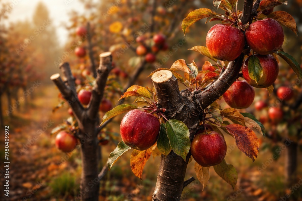Naklejka premium Close up image of young apple trees pruned during autumn harvest