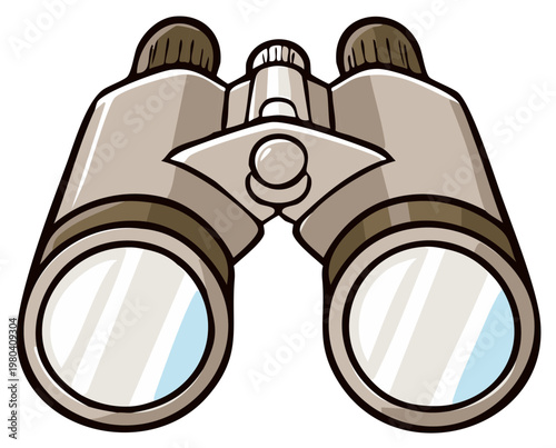 Classic brown binoculars with shiny lenses in a bold cartoon style for exploration and observation