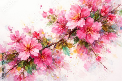 A colorful painting of vibrant pink blossoms on pristine white background
