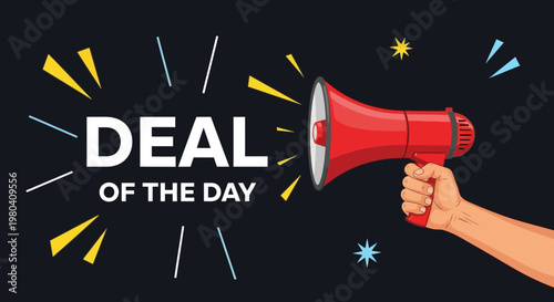 Deal of the day announcement graphic with megaphone on black background