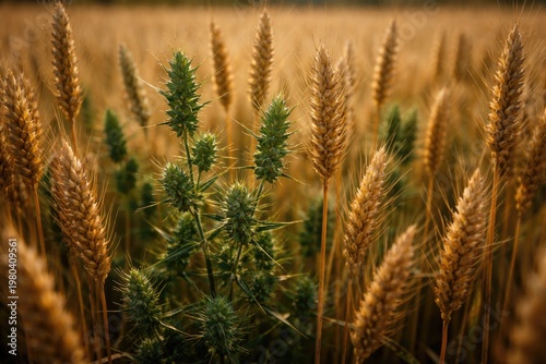 Green thorny tares growing among mature wheat stalks in a harvest field
