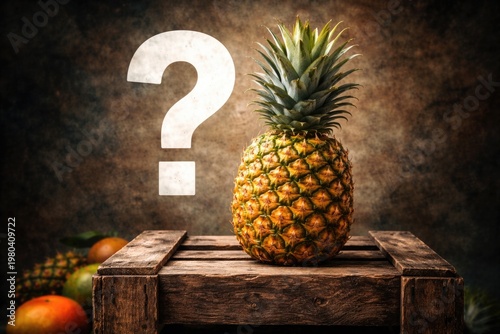 A colorful pineapple resting on a weathered wooden crate featuring a bold white question mark with a textured backdrop