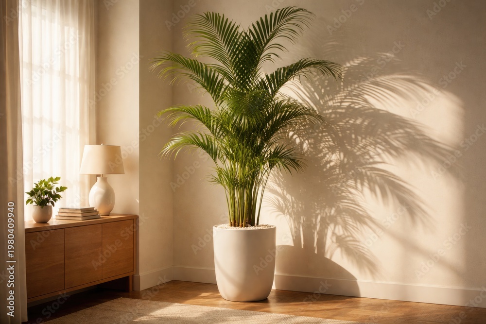 Fototapeta premium Indoor corner featuring a tall palm tree in a white planter casting elegant shadows on the wall