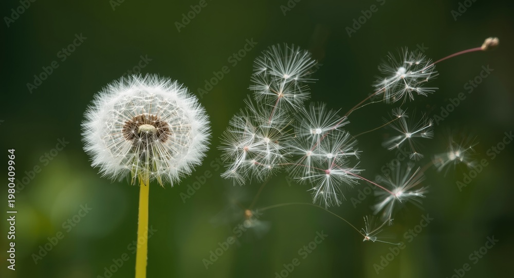 Fototapeta premium Gentle breeze dispersing dandelion seeds with white fluffy tufts