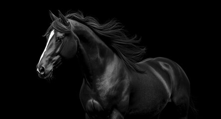 Sophisticated equine figure with flowing mane set on a solid black background