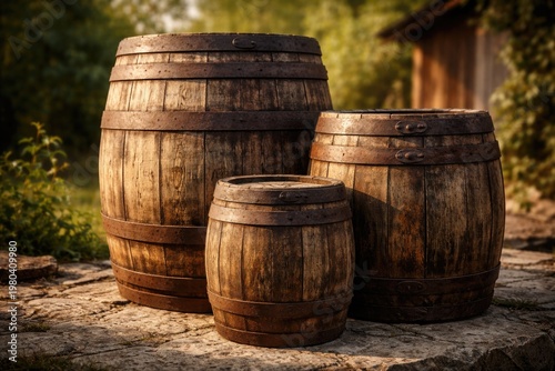 Three wooden barrels of dif...