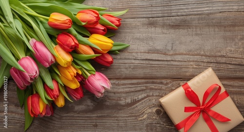 Top view of a colorful tulip bouquet with a wrapped present on a rustic wooden table for festive celebrations