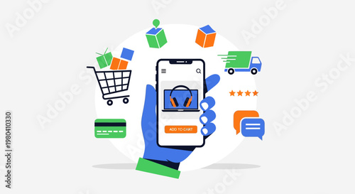 E-commerce icons, mobile shopping symbols, online store graphics, digital commerce elements, vector