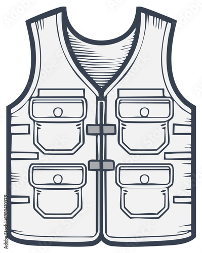 Illustration of a detailed fishing vest with multiple pockets for outdoor activities and gear