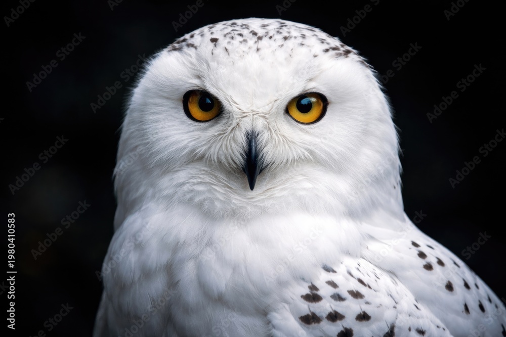 Obraz premium Closeup portrait of a white owl against a dark background