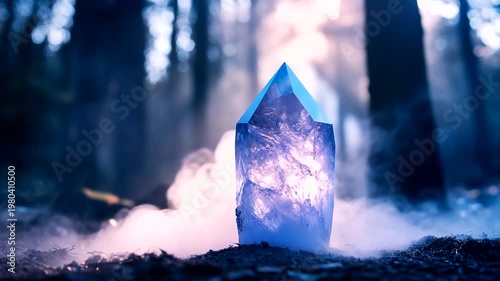 Majestic purple crystal glowing in a mystical forest