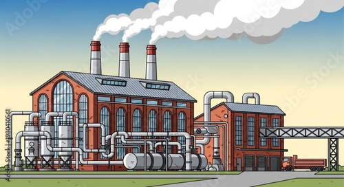 Industrial Factory Building with Smoke Stacks Emitting Steam.
