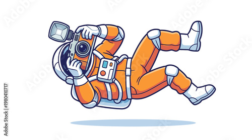 Cartoon astronaut photographer in orange suit floating in zero gravity while holding camera and flash, ideal for photography studio branding, creative content and science education blog post