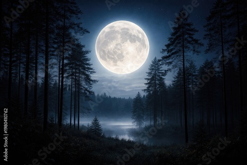 A glowing full moon rising above slender tall trees in a serene nighttime landscape