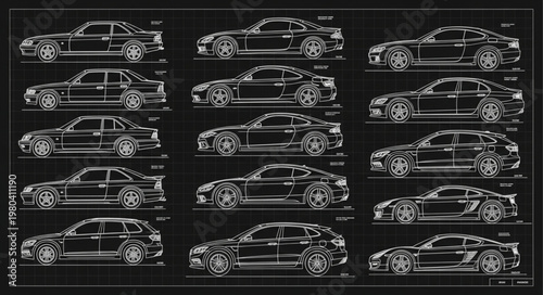 Collection of Sports Car Silhouettes and Blueprints.