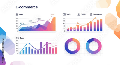 E-commerce business infographics, colorful charts and graphs, data visualization, vector analytics