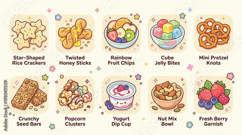 A delightful collection of ten cartoon-style snack illustrations, including rice crackers, honey sticks, fruit chips, jelly bites, pretzels, seed bars, popcorn, yogurt, nut mix, and fresh berries.