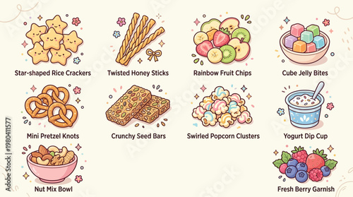 A delightful collection of cute cartoon illustrations featuring various sweet and savory snack foods like crackers, pretzels, fruit, jelly, popcorn, nuts, and yogurt.