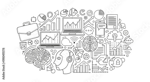 Artificial Intelligence and Data Analysis Doodle Illustration.