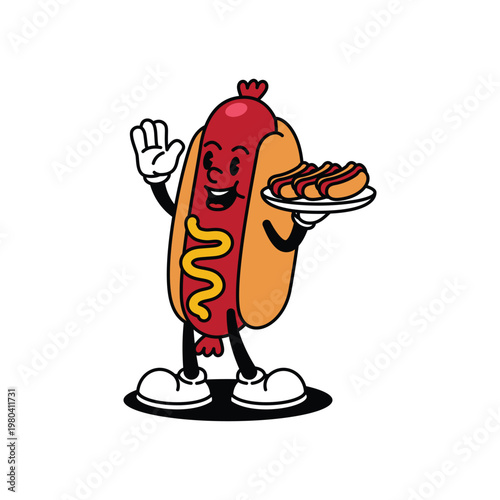 Friendly cartoon hot dog mascot character waving and serving food.