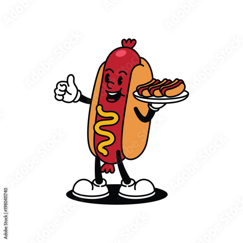 Happy Hot Dog Mascot Serving Delicious Sausages.