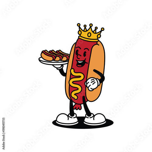 Regal hot dog cartoon character with crown serving delicious frankfurters.