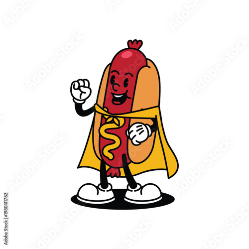 Superhero Hot Dog Cartoon Character with Cape and Mustard.