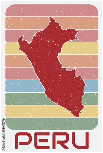 Peru vintage logo. Shape of the country on retro colored stripes background. Peru map design with grunge scratch texture. Vector illustration.