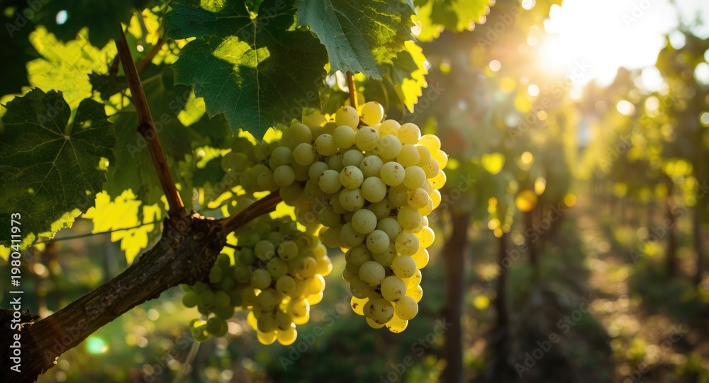 Fototapeta premium Summer sunshine illuminating juicy white grapes in vineyard garden