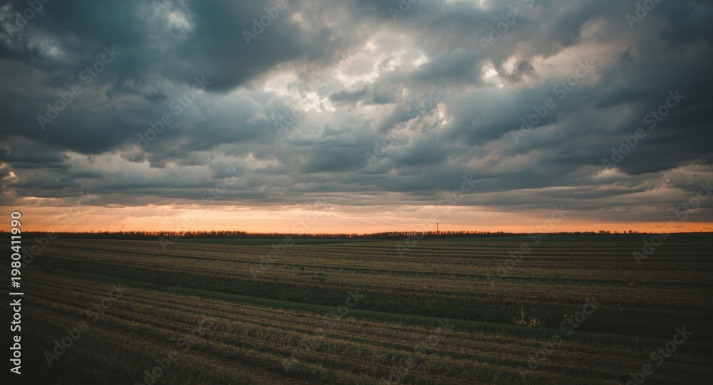 Obraz premium Vintage film styled farmland under a dramatic cloudy sky at early morning sunrise