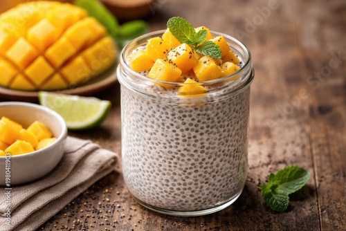 Chia pudding with fresh mango chunks in copy space image