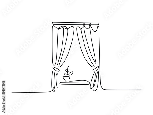 Minimalist line drawing of a window with curtains and a potted plant on sill