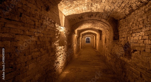 Lit historic dungeon hallwa...