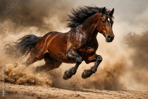 Powerful stallion galloping fast on sandy ground with dust clouds in action editorial