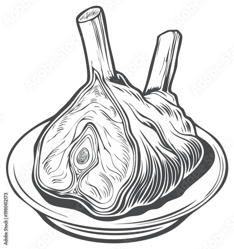 Hand-Drawn Lamb Shank on Plate Illustration Vector Graphic Design